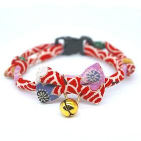 Petsokoo 656649309570 Bowtie Cat Collar With Bell Breakaway Japan Chirimen Fabric Golden